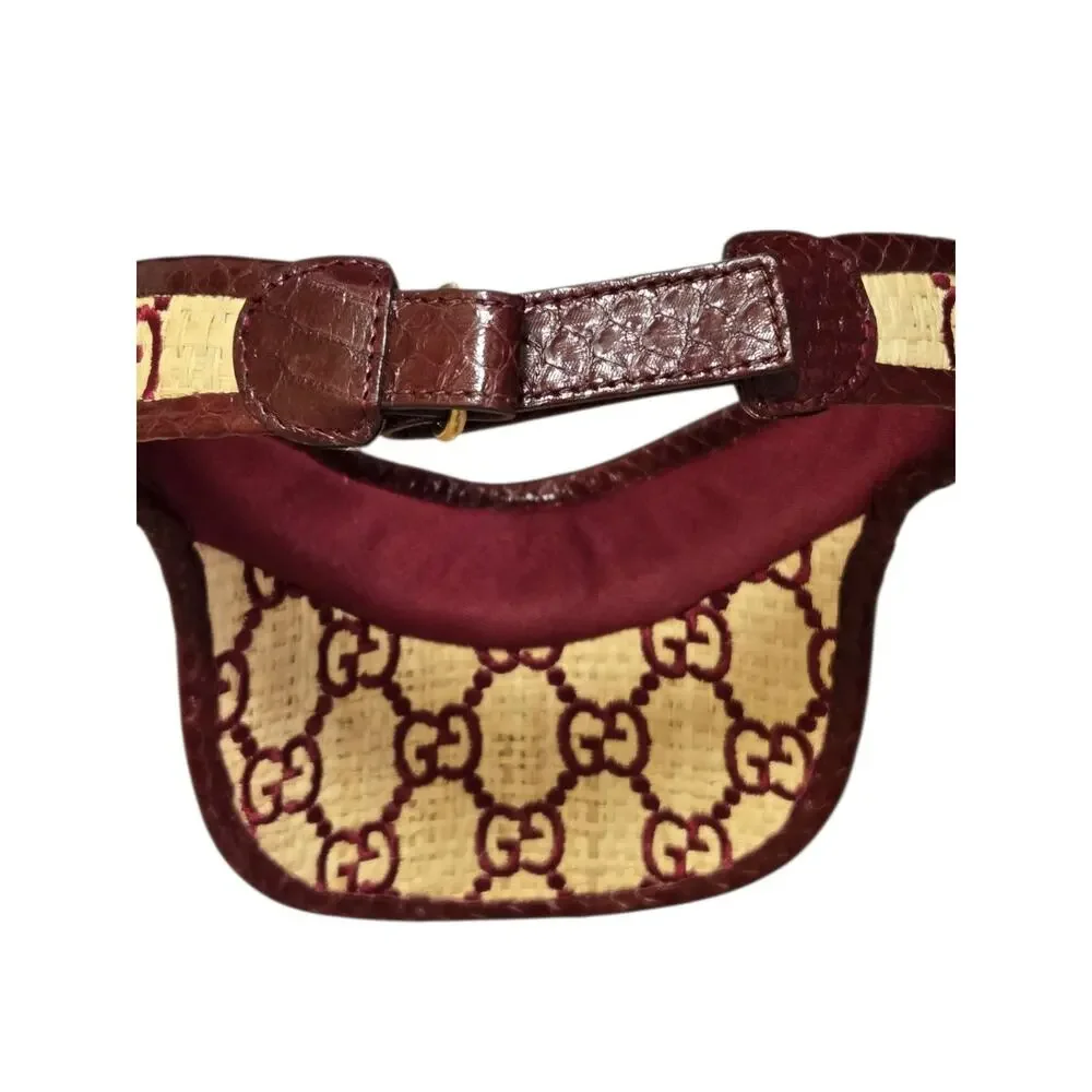 Gucci GG Monogram Raffia Wicker Woven Visor Cap Hat Red Maroon Tan Authentic